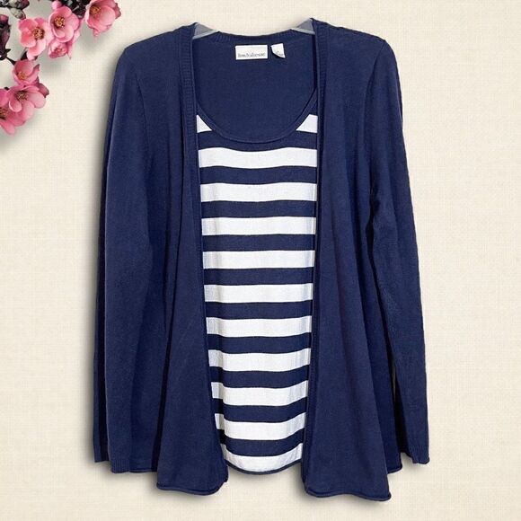 Navy & White Stripe Pullover Faux Cardigan Sweater Sz L 12-14 - Picture 12 of 12
